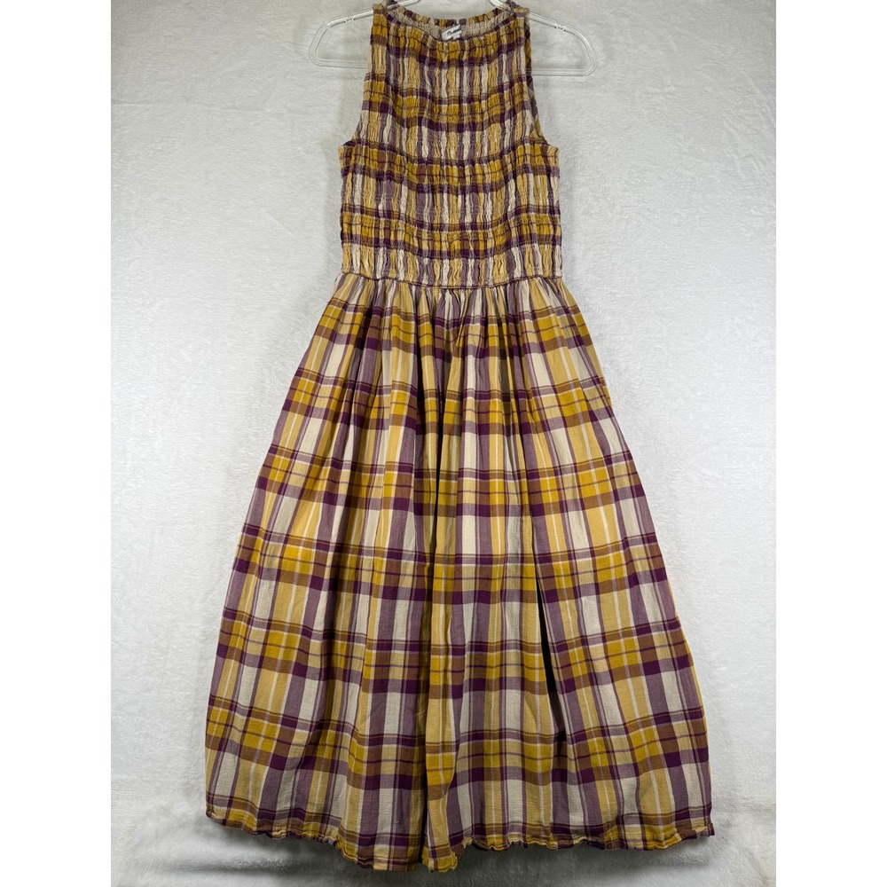 Madewell Yellow Purple Plaid Smocked Sleeveless Midi Dress Womens S